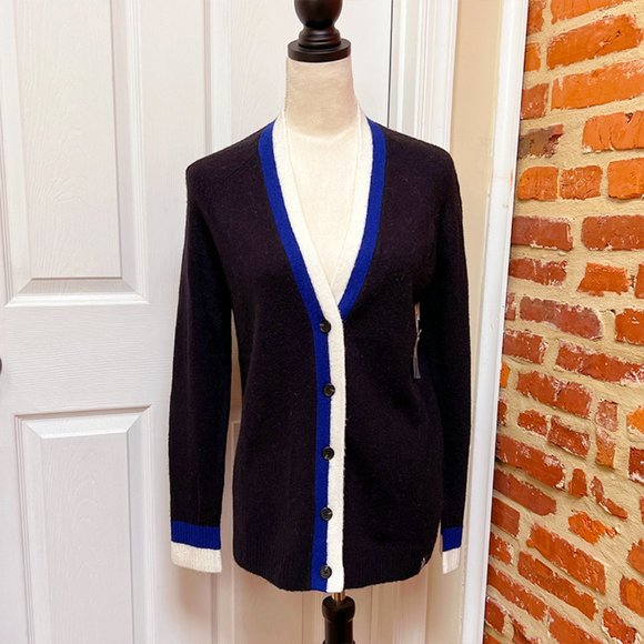 NWOT Court & Rowe Black Wool-Blend V-Neck Stripe Trim Cardigan Sweater - Picture 6 of 9